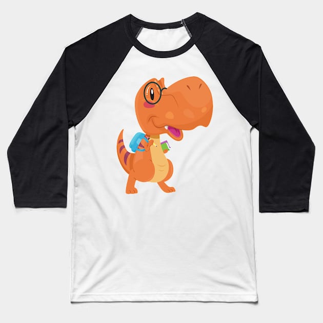 Orange Nerdy Kid T Rex Dinosaur Baseball T-Shirt by InkyArt